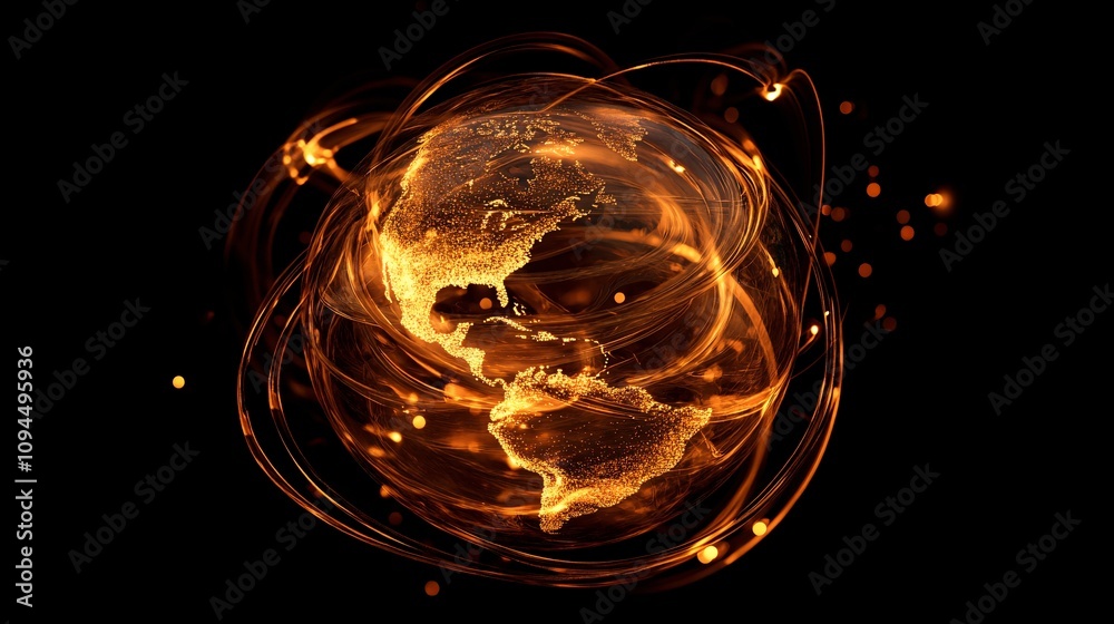 Fototapeta premium Dynamic Global Travel Concept - 3D Render of Rotating Globe with Abstract Swirling Lines and Luminous Dots