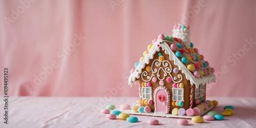 Delicious gingerbread house decorated with colorful candies on pink background.