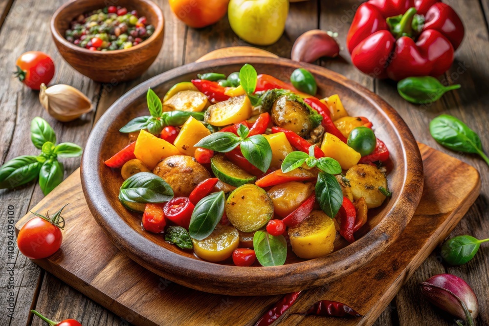 Fresh Catalan Roasted Vegetable Salad in Wooden Plate - Traditional Spanish Cuisine with Potato, Paprika, and Basil, High Depth of Field, Isolated on White Background Fresh Catalan Roasted Vegetable Salad in Wooden Plate - Traditional Spanish Cuisine with Potato, Paprika, and Basil, High Depth of Field, Isolated on White Background