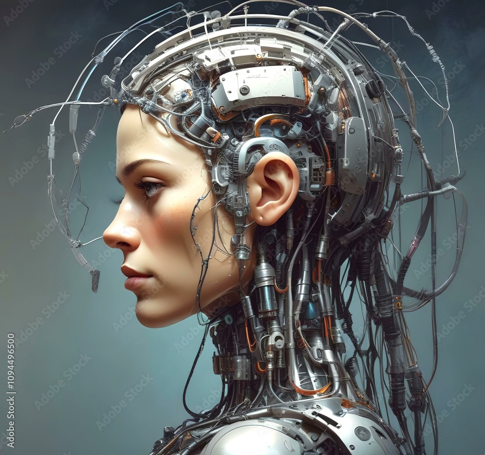 Technology illustration of cyborg with brain connections. Technology illustration of cyborg with brain connections.
