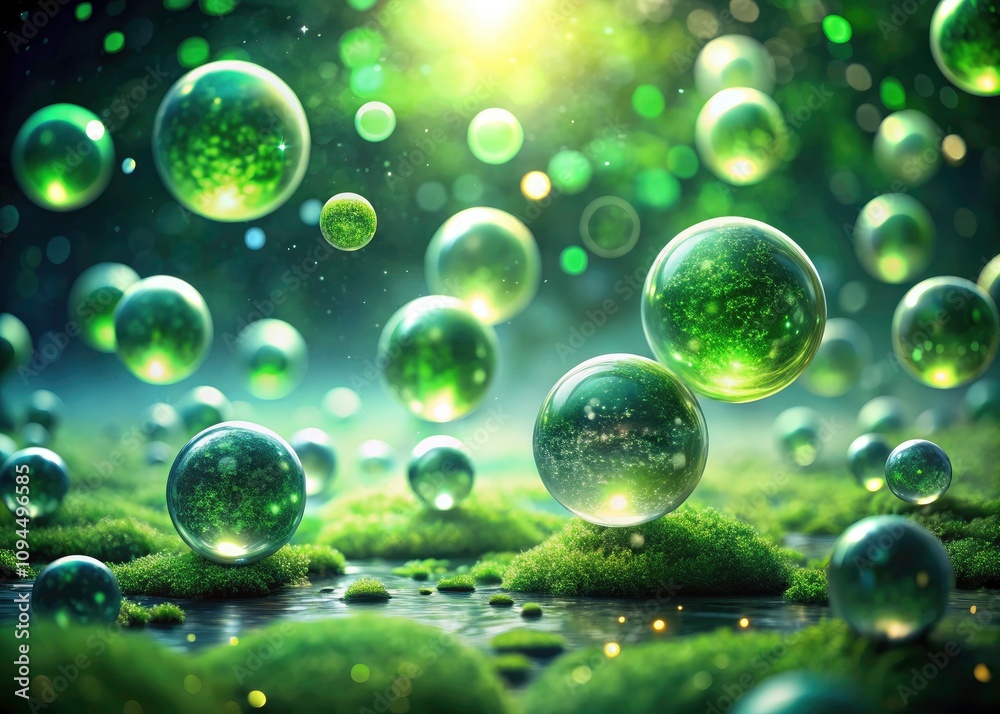 Floating Green Particle Spheres in an Abstract and Mysterious Atmosphere with Tilt-Shift Photography Effect for Unique Visuals Floating Green Particle Spheres in an Abstract and Mysterious Atmosphere with Tilt-Shift Photography Effect for Unique Visuals