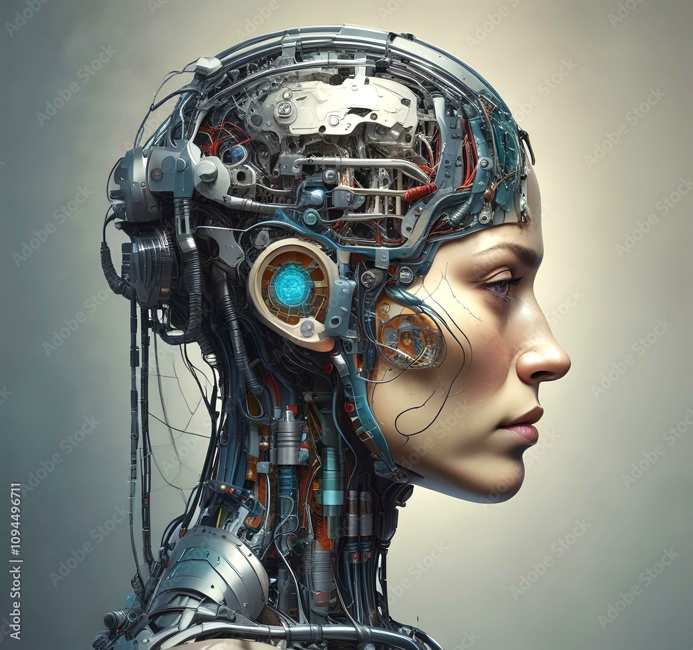 Technology illustration of cyborg with brain connections.