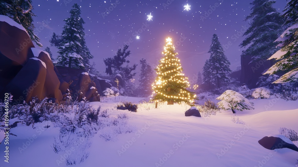 Naklejka premium A snowy forest clearing with a single brightly lit Christmas tree surrounded by snow-covered pines and stars.