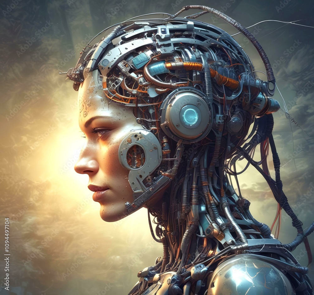 Technology illustration of cyborg with brain connections. Technology illustration of cyborg with brain connections.