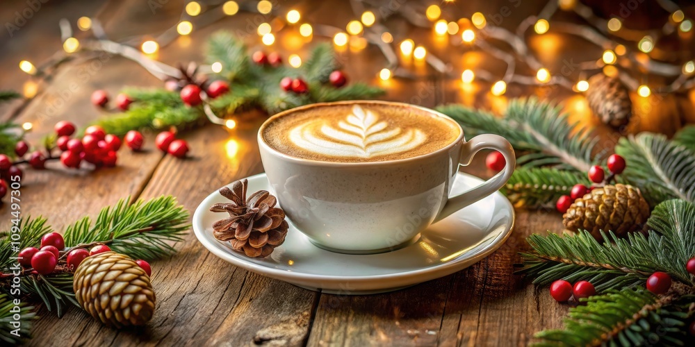Festive Cappuccino Art with Christmas Motifs in a Cozy Cafe Setting for Winter Season Imagery Festive Cappuccino Art with Christmas Motifs in a Cozy Cafe Setting for Winter Season Imagery