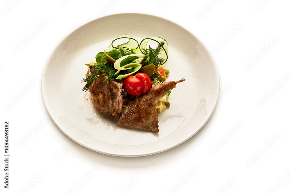 A plate of food with meat and vegetables on it A plate of food with meat and vegetables on it