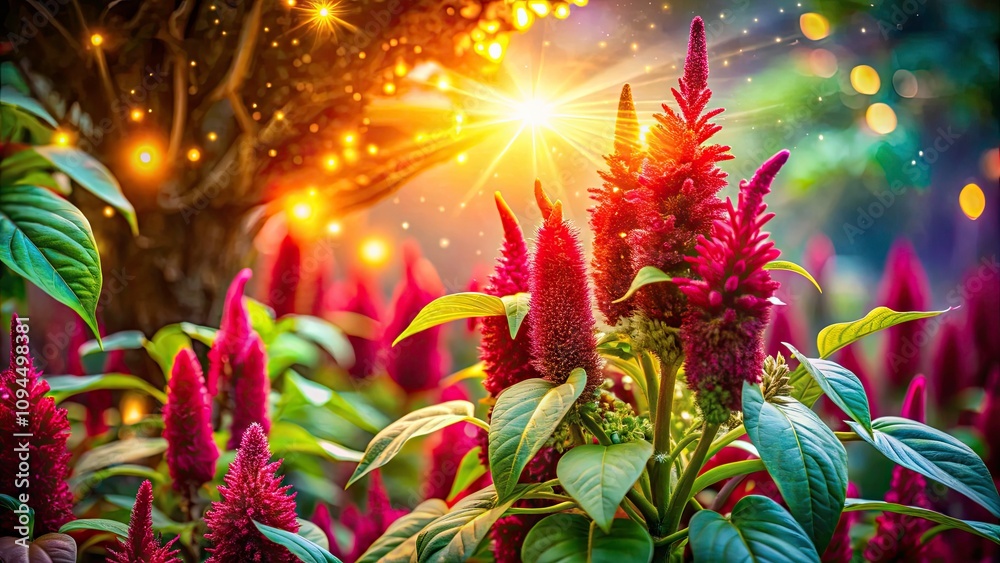 Enchanting Amaranthus Blooms with Diamonds in a Magical Garden - Double Exposure Photography Enchanting Amaranthus Blooms with Diamonds in a Magical Garden - Double Exposure Photography