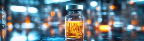 Abstract glowing vial representing an advanced influenza vaccine ready for clinical testing futuristic breakthrough photo