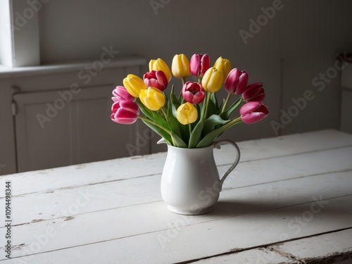 Vibrant pink and yellow tulips in a white vase on a wooden kitchen table.