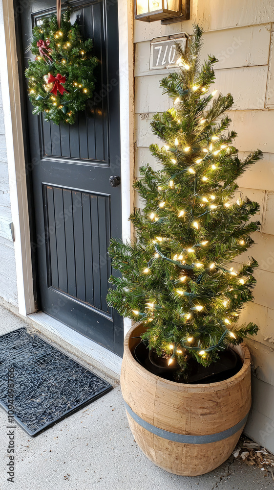 festive entrance featuring decorated Christmas tree and wreath festive entrance featuring decorated Christmas tree and wreath