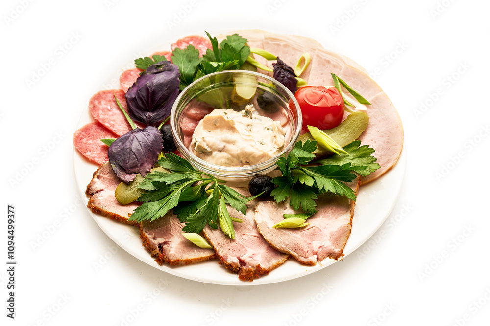 A plate of food with a variety of meats and vegetables, including tomatoes A plate of food with a variety of meats and vegetables, including tomatoes