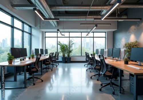 Modern office interior with desks and computers overlooking a cityscape