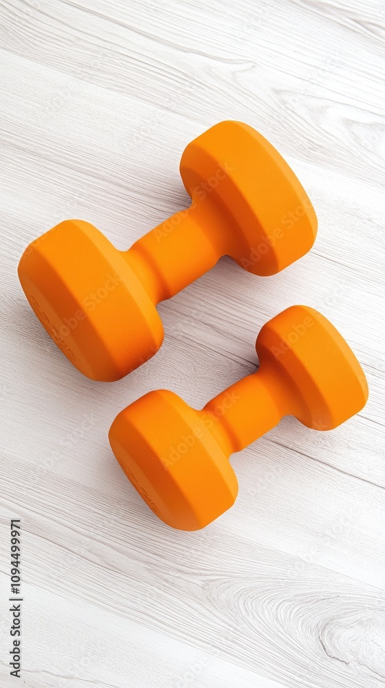 Elevate your fitness routine with vibrant orange dumbbells on a clean white wooden surface for a fresh workout inspiration Elevate your fitness routine with vibrant orange dumbbells on a clean white wooden surface for a fresh workout inspiration