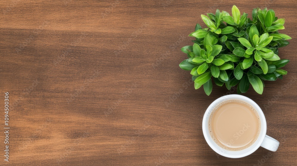Cozy coffee cup and plant still life scene on rustic wooden table Cozy coffee cup and plant still life scene on rustic wooden table