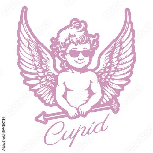 Little angel or cupid with wings, holding an arrow, isolated on white background. Symbolic emblem of love and Valentine's Day