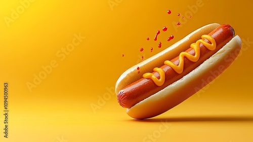 Delicious hot dog with mustard on vibrant yellow background, classic american snack photo