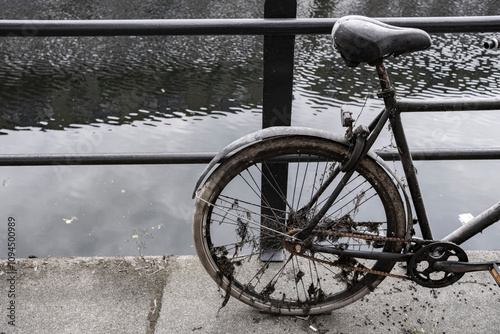 A neglected bicycle wheel rests by the edge of murky water, symbolizing decay and abandonment, contrasting the vibrancy of urban life with nature's persistence. photo