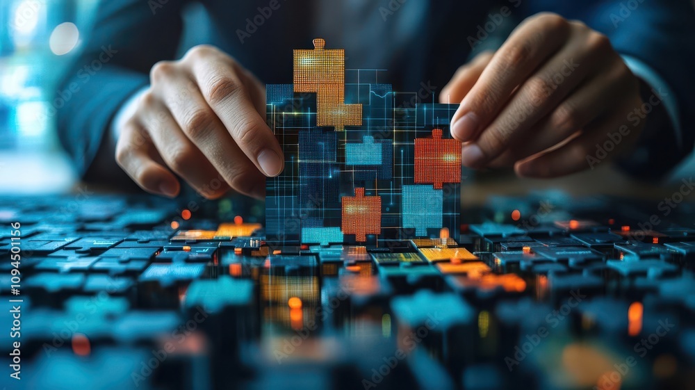 Cyber investor arranging digital puzzle blocks each representing diverse economic sectors Cyber investor arranging digital puzzle blocks each representing diverse economic sectors