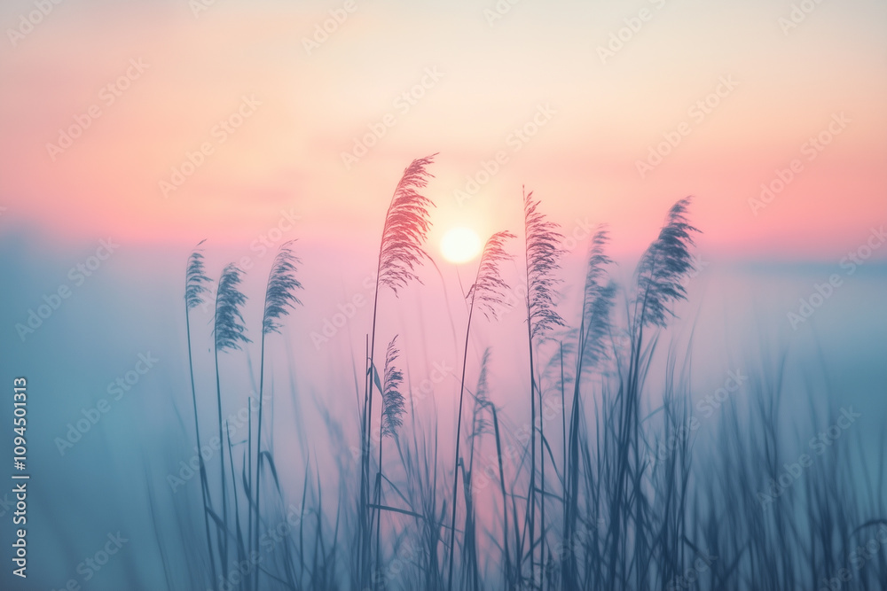 Fototapeta premium Schilfrohr im Nebel bei Sonnenaufgang 