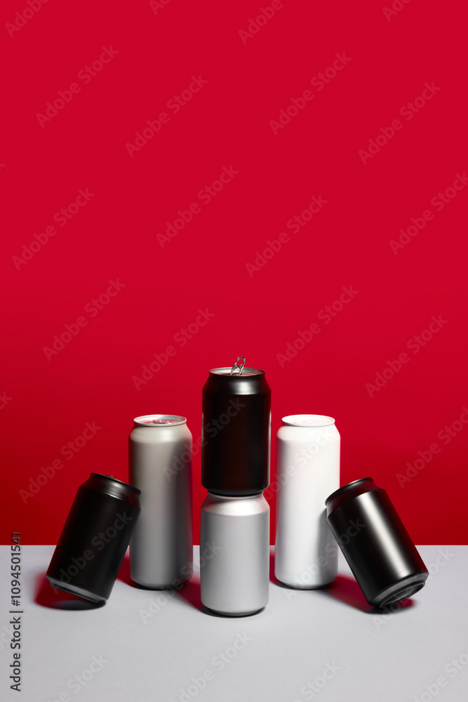 Five aluminum beverage cans in different colors, and sizes, arranged in row on gray surface against red background. Mockup and advertisement for drinks branding and packaging design. Vertical image Five aluminum beverage cans in different colors, and sizes, arranged in row on gray surface against red background. Mockup and advertisement for drinks branding and packaging design. Vertical image