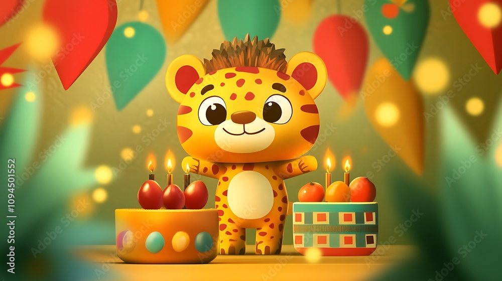 Fototapeta premium Cute Kwanzaa clipart featuring cartoon animals celebrating, holding Kwanzaa symbols like fruits and candles, vibrant colors with soft textures, playful and lighthearted mood,