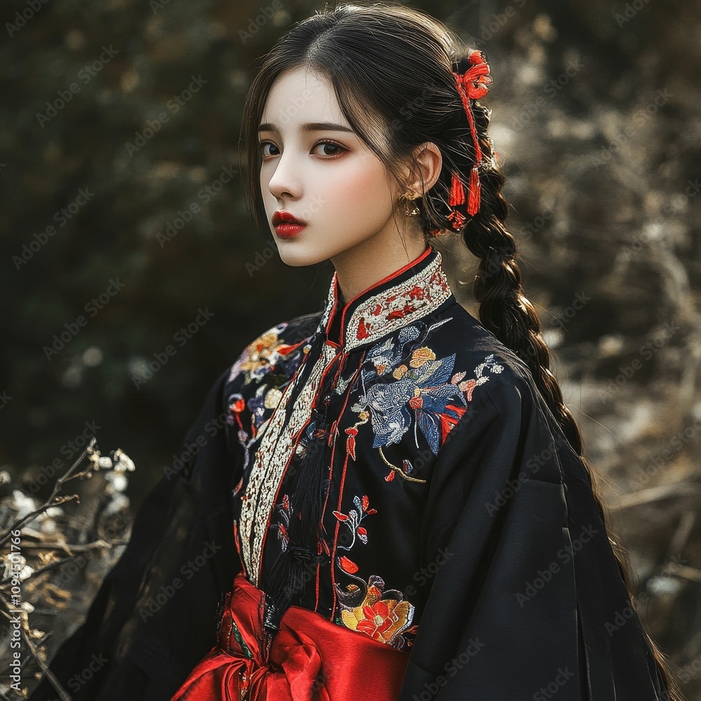 Elegant woman, braided hair, ornate black and red dress. Elegant woman, braided hair, ornate black and red dress.