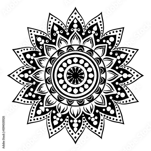 Decorative Monochrome Mandala Pattern Illustration, Geometric and Floral Mandala for Zen and Creativity