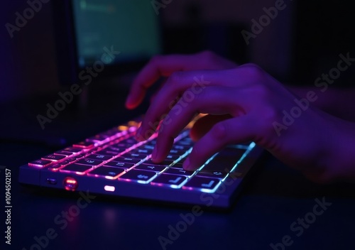 Vibrant keyboard illuminated in different colors during late-night coding session