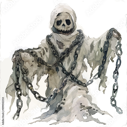 A watercolor painting of Ghost with Old Chain, isolated on a white background. Ghost with Old Chain vector.