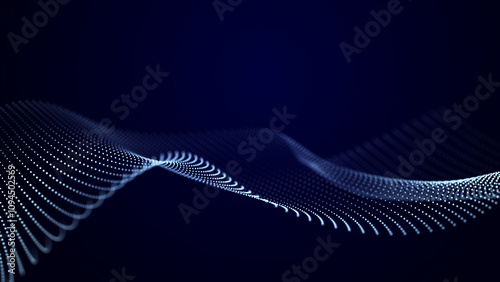 Futuristic wave of dots with moving particles on a dark background. 3D visualization of big data.