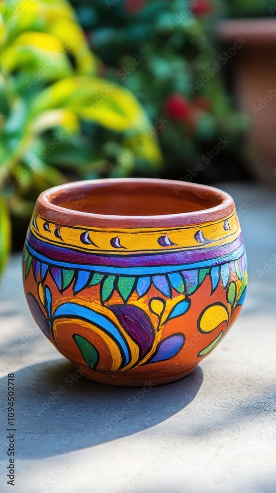 Chilean handmade pottery bowl displays colorful patterns against a lush outdoor backdrop Chilean handmade pottery bowl displays colorful patterns against a lush outdoor backdrop