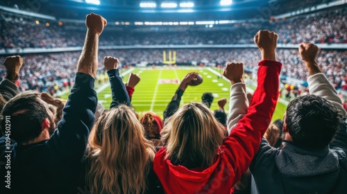 Fans cheering in a packed football stadium, celebrating a game with raised fists and energetic enthusiasm. photo