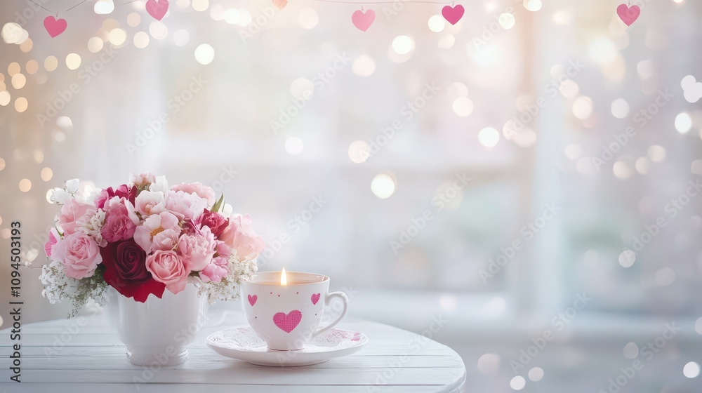 Romantic dining table with flowers, candles, and hanging hearts, surrounded by soft bokeh lights, creating a dreamy Valentine's setting.