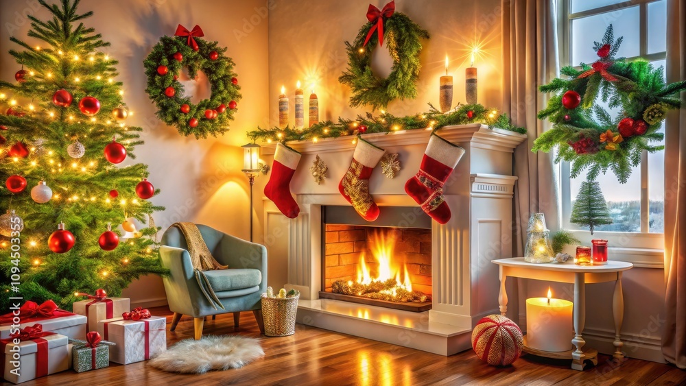 Fototapeta premium Cozy Scandi Christmas Stocking on White Fireplace Mantle with Festive Decor for a Warm Holiday Living Room