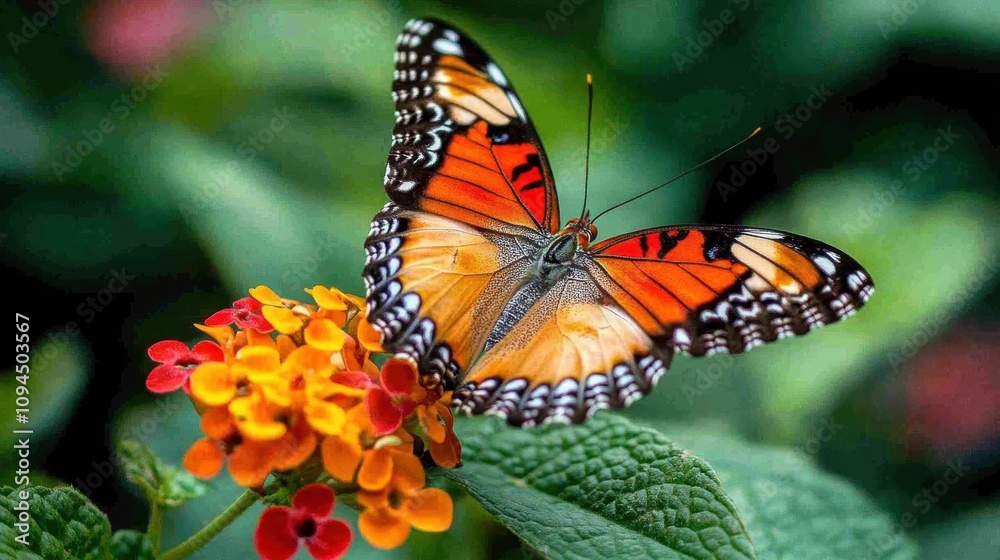 Fototapeta premium A close-up of a butterfly resting on a flower, with intricate details captured in wildlife photography.
