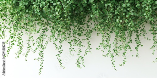 Lush green vines hanging down a white wall, creating a natural, organic texture.