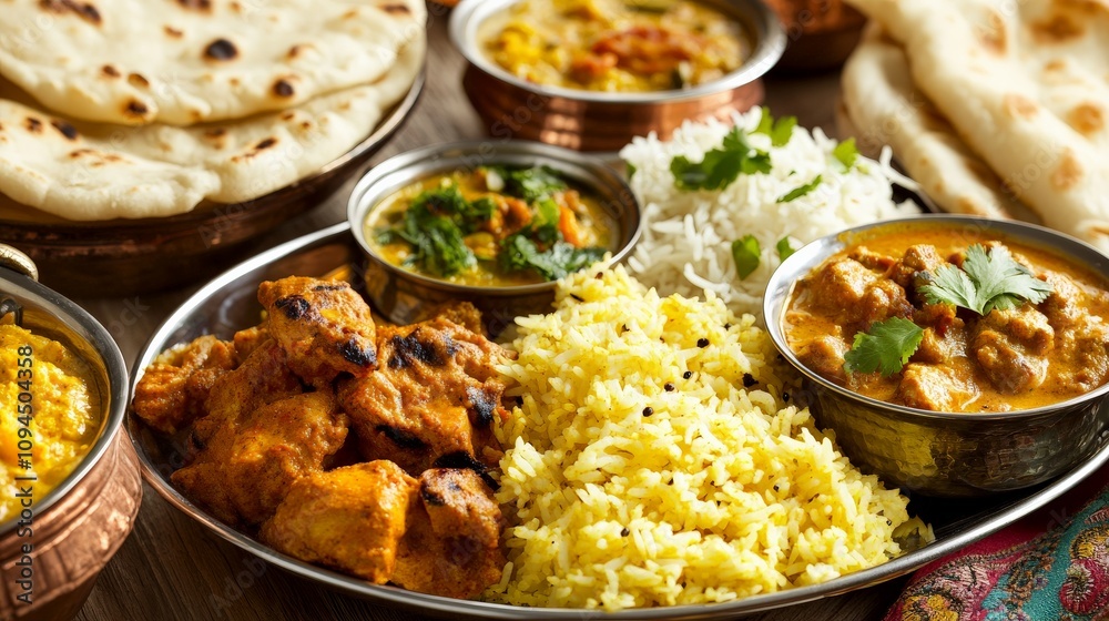 Vibrant Indian Thali with Curries and Rice Vibrant Indian Thali with Curries and Rice