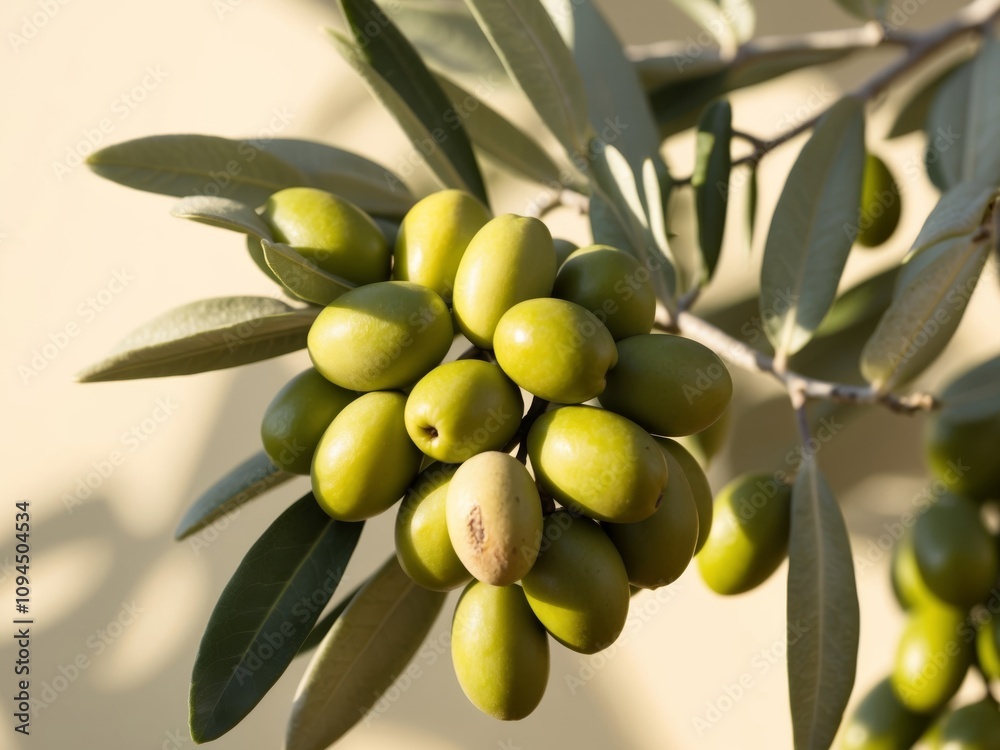 A bountiful olive branch holds ripe green olives under warm sunlight. A bountiful olive branch holds ripe green olives under warm sunlight.