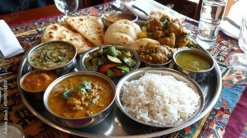 Traditional Indian Thali with Curries and Rice Platter