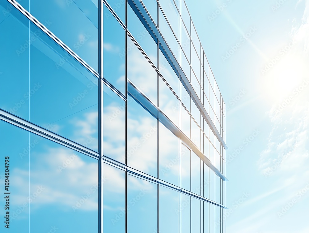 Modern glass building facade with blue sky and clouds reflection. Modern glass building facade with blue sky and clouds reflection.