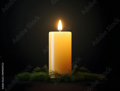 A lit Christmas candle with a subtle golden glow, surrounded by pine needles. A glowing holiday candle.


 photo