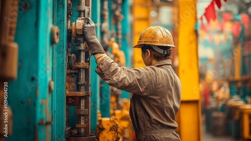 A worker in a yellow hardhat operates machinery on an oil rig