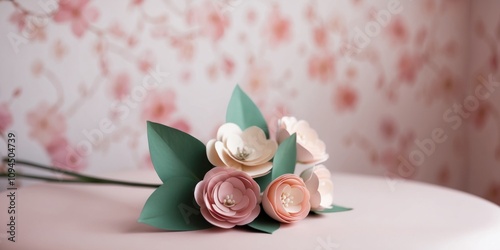 Elegant pink floral background with paper flowers and green leaves on soft pink surface. photo