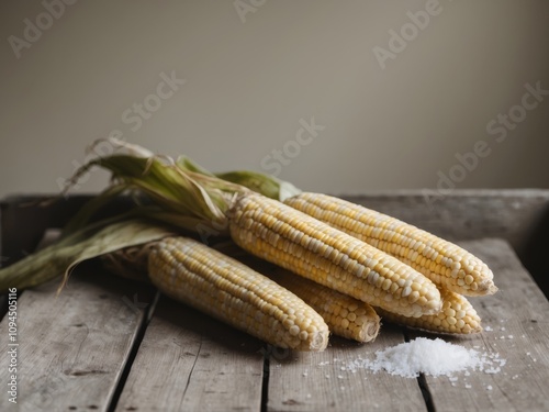 A rustic still life with fresh with corn on the cob and salt. photo