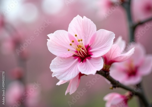 Delicate pink cherry blossoms bloom on a tree branch in a serene spring landscape