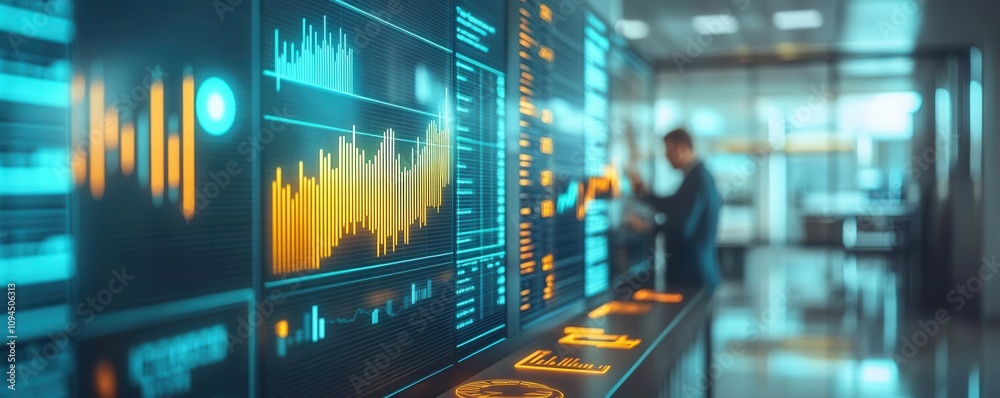 Formal bank office with glowing charts depicting loan metrics banker advising on payment readiness Formal bank office with glowing charts depicting loan metrics banker advising on payment readiness