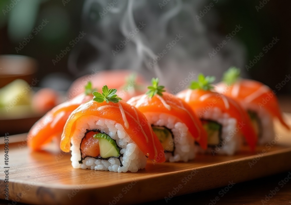 Fresh sushi rolls topped with salmon and garnished with herbs arranged Fresh sushi rolls topped with salmon and garnished with herbs arranged