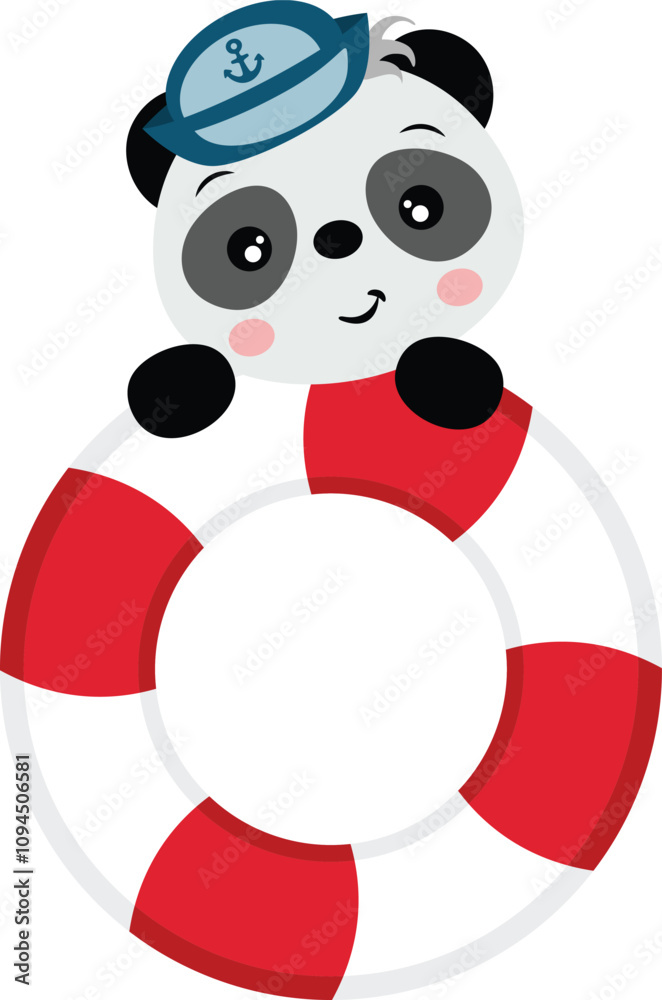 Naklejka premium Funny sailor panda with buoy of salvage.