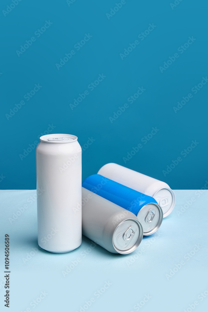 Eye-catching composition of four aluminum beverage cans in various colors, for soda, beer, energy drinks, arranged against vibrant blue background. Mockup. Simple and stylish base for product branding Eye-catching composition of four aluminum beverage cans in various colors, for soda, beer, energy drinks, arranged against vibrant blue background. Mockup. Simple and stylish base for product branding