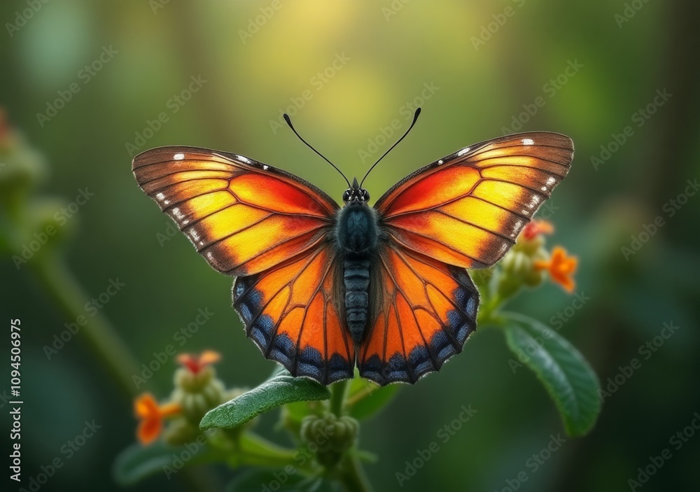Bright orange butterfly perched on green leaves with colorful flowers during daylight Bright orange butterfly perched on green leaves with colorful flowers during daylight